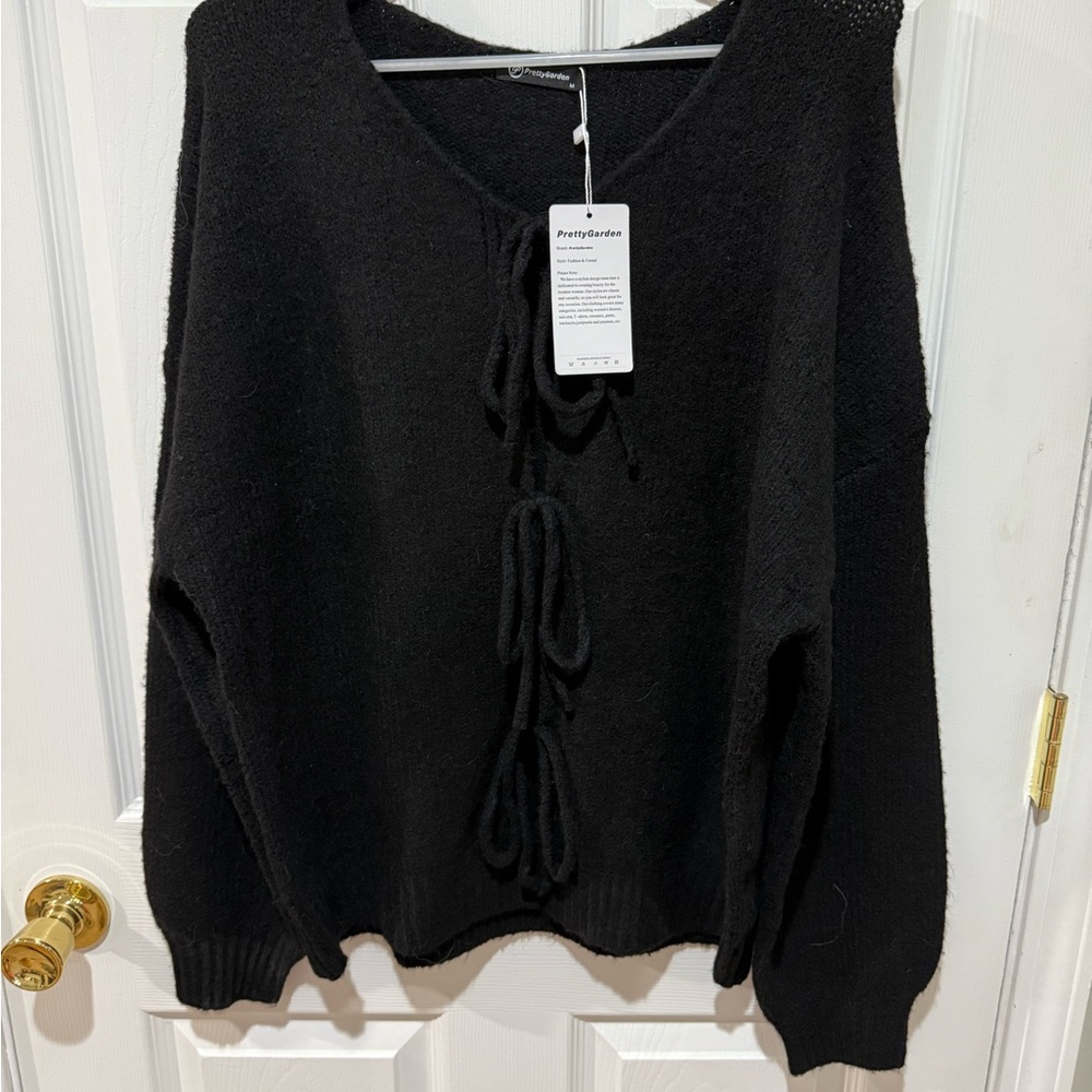 Cozy Black V-Neck Sweater with Tie Accents